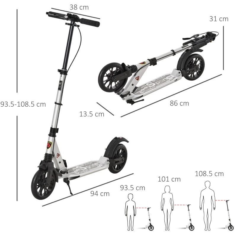 HOMCOM Teen/Adults Aluminium Folding Kick Scooter w/ Shock Mitigation System