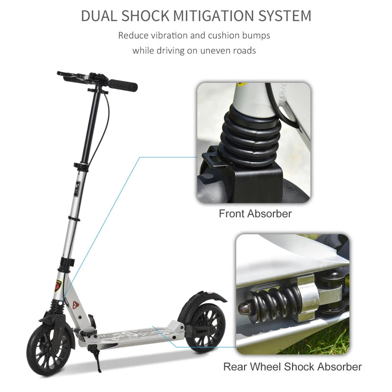 HOMCOM Teen/Adults Aluminium Folding Kick Scooter w/ Shock Mitigation System