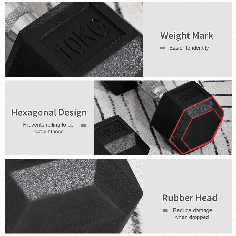 HOMCOM 2x 4kg - 20kg Hex Dumbbells Set Rubber Hex